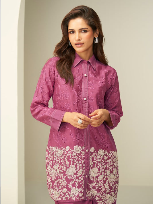 Magenta Chinon Silk Readymade Co-ords Set with Embroidery Work