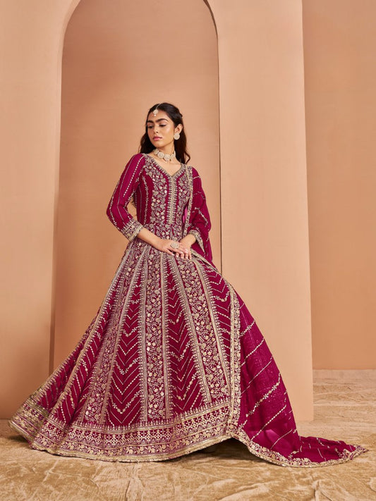 Dark Pink Georgette Embroidered Semi Stitched Salwar Suit