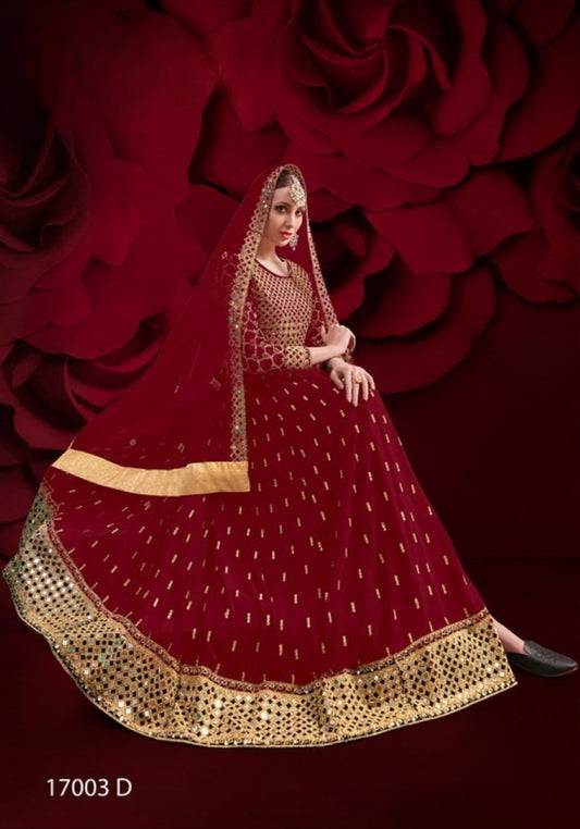 Red Silk Semi Stitched Anarkali Suit with Embroidery & Stone Work
