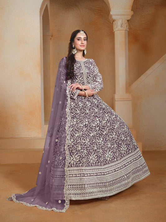 Lavender Embroidered Net Semi Stitched Anarkali Suit 20502