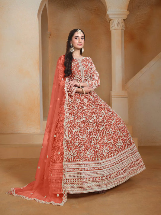 Orange Embroidered Net Semi Stitched Anarkali Suit 20504