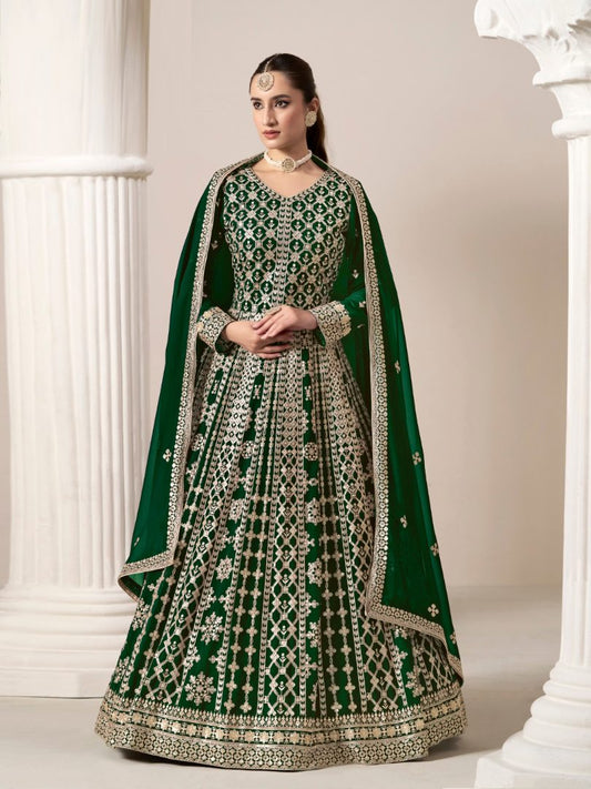 Green Embroidered Faux Georgette Semi Stitched Anarkali Suit 20601