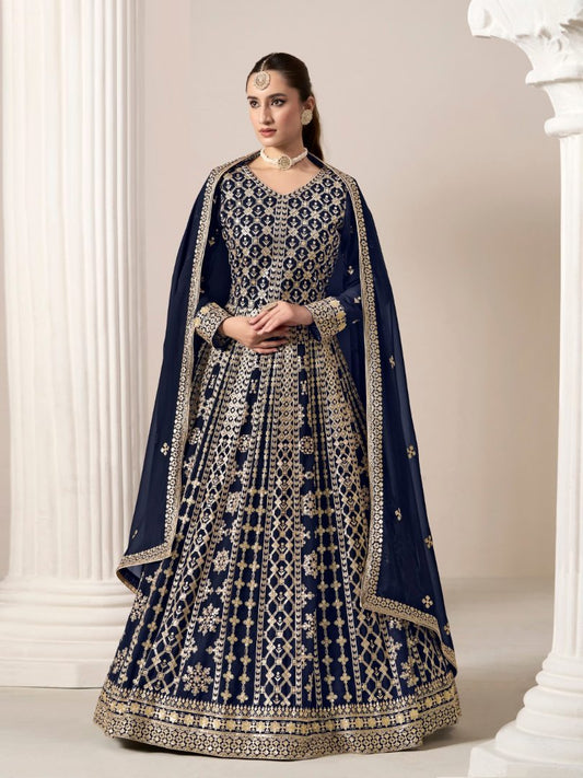 Navy Blue Embroidered Faux Georgette Semi Stitched Anarkali Suit 20603