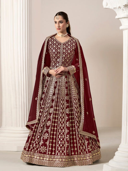 Maroon Embroidered Faux Georgette Semi Stitched Anarkali Suit 20604