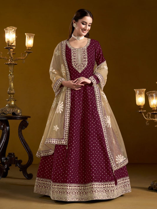 Purple Embroidered Jacquard Chanderi Semi Stitched Anarkali Suit