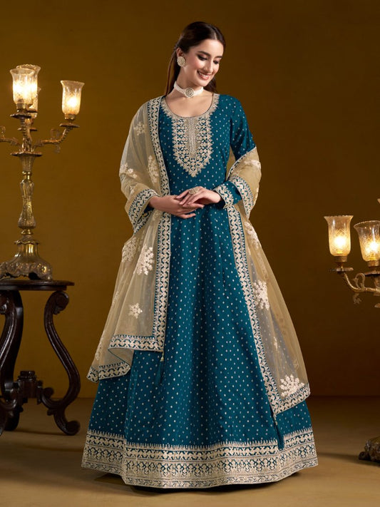 Teal Embroidered Jacquard Chanderi Semi Stitched Anarkali Suit