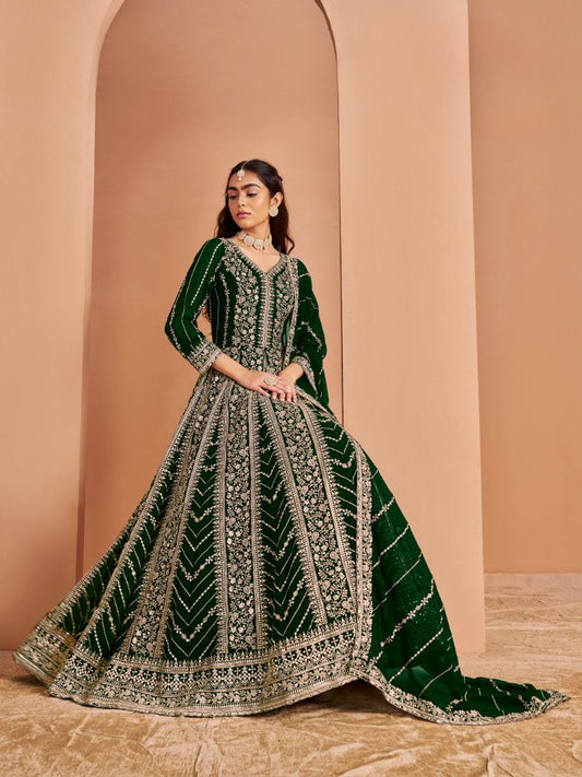 Dark Green Georgette Embroidered Semi Stitched Salwar Suit