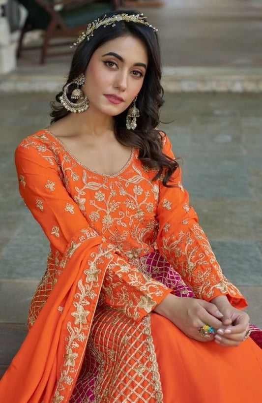 Orange Silk Semi Stitched Anarkali Suit with Embroidery & Sequins Work