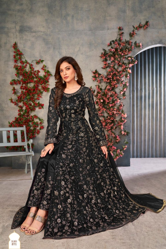 Black Embroidered Net Semi Stitched Anarkali suit 371