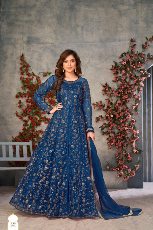 Blue Embroidered Net Semi Stitched Anarkali suit 373