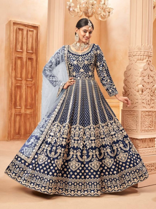 Navy Blue Embroidered Art Silk Semi Stitched Anarkali Suit 5703