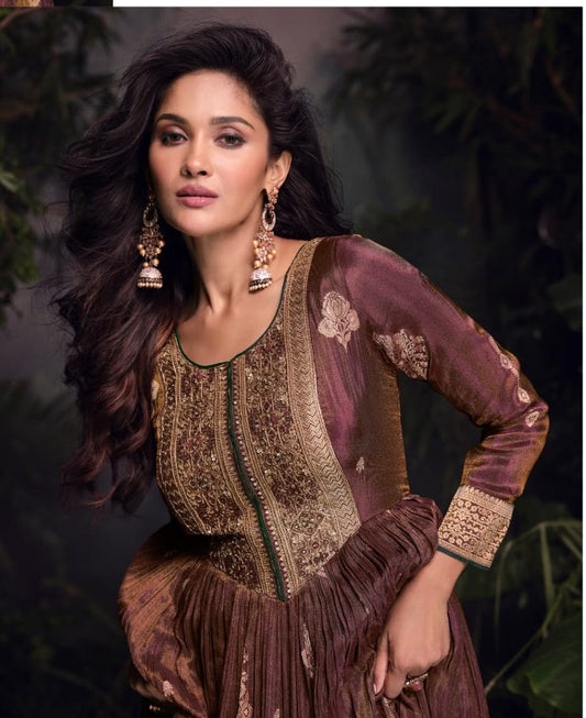 Coppar Viscose Simar Jacquard Stiched Hand Made Khatli Work Anarkali Gown (Free Size)