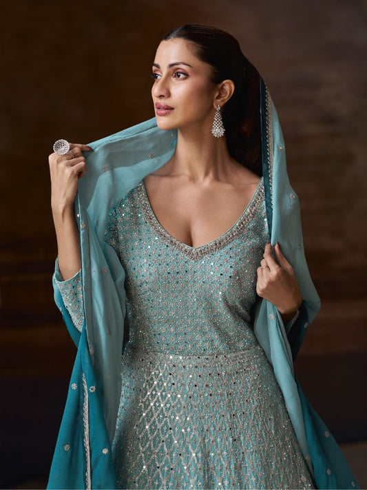 Blue Real Georgette Free Size Stitched Anarkali Suit with Embroidery & Sequence Work