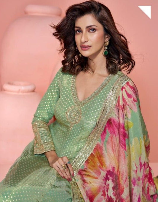 Green Shimmer Free Size Stitched Anarkali Suit with Sequence Embroidery Foil Stich Work