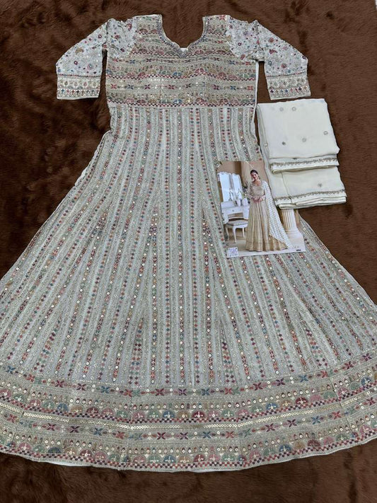 Cream Real Georgette Readymade Anarkali Gown with Embroidery & Sequence Work