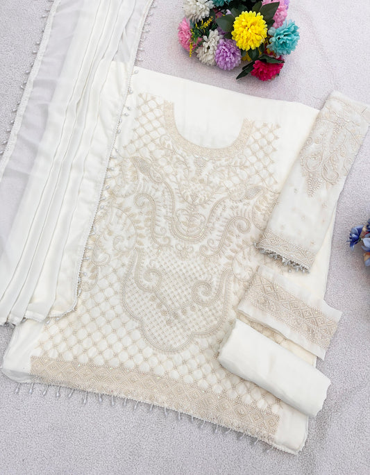 White Georgette Semi Stitched Suit with Embroidered Beads & Sequence Work