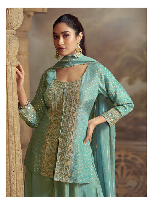Sky Blue Georgette Readymade Suit with Embroidery Work
