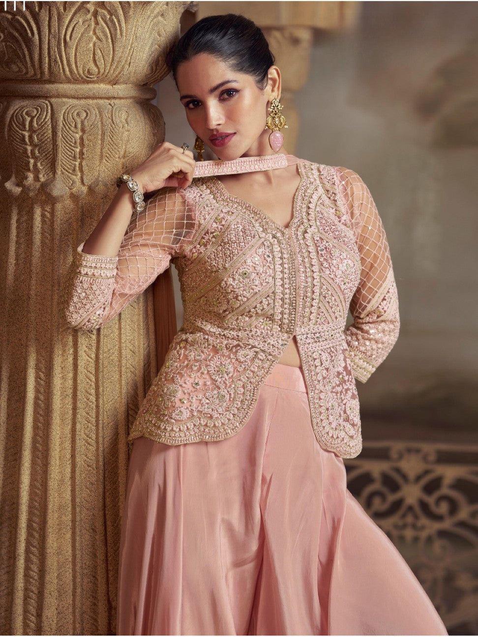 Baby Pink Georgette Readymade Suit with Embroidery Work