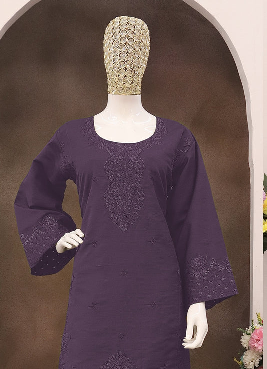 Violet Embroidery and Thread Work Cotton Semi Stitched Salwar Suit