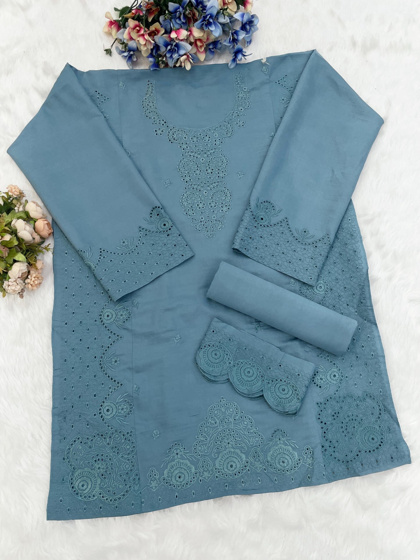 Sky Blue Embroidery and Thread Work Cotton Semi Stitched Salwar Suit