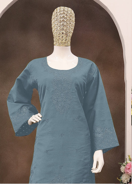Sky Blue Embroidery and Thread Work Cotton Semi Stitched Salwar Suit