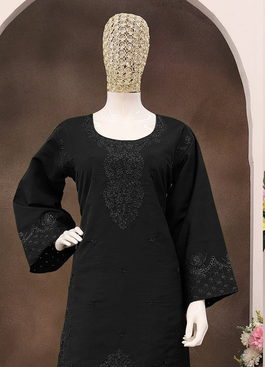 Black Embroidery and Thread Work Cotton Semi Stitched Salwar Suit
