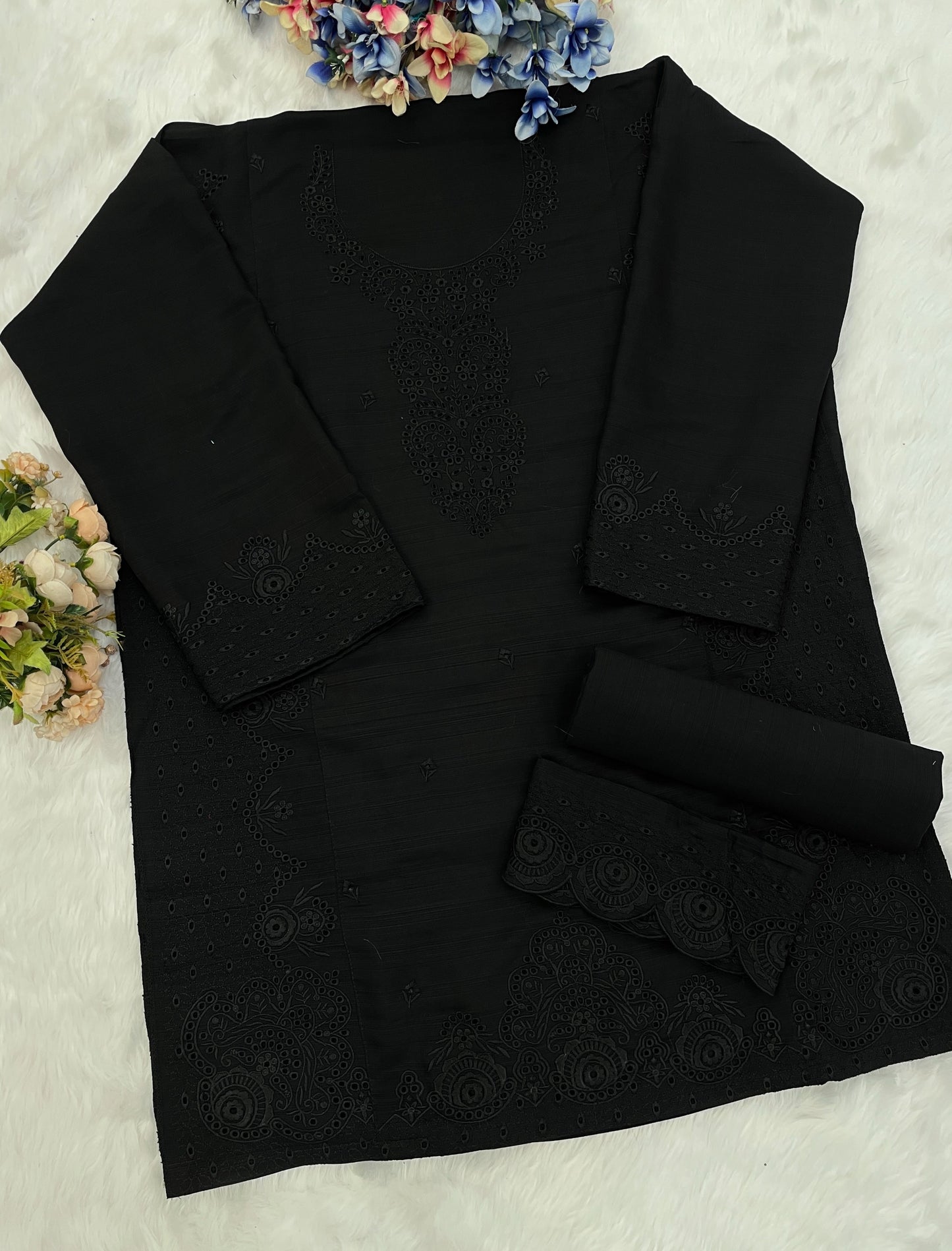 Black Embroidery and Thread Work Cotton Semi Stitched Salwar Suit