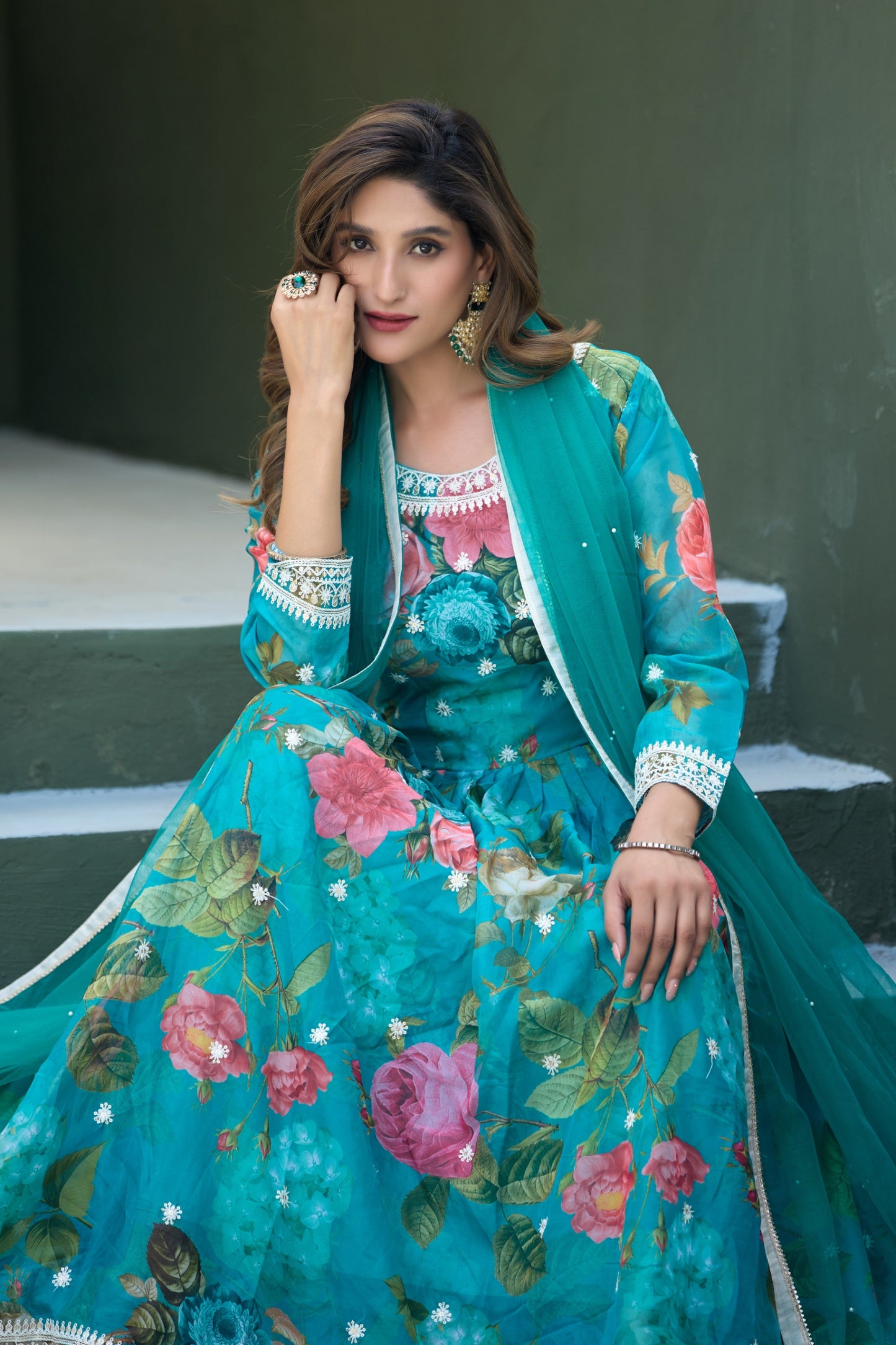 Blue Taby Silk Readymade Anarkali Suit with Embroidery Thread & Sequence Work