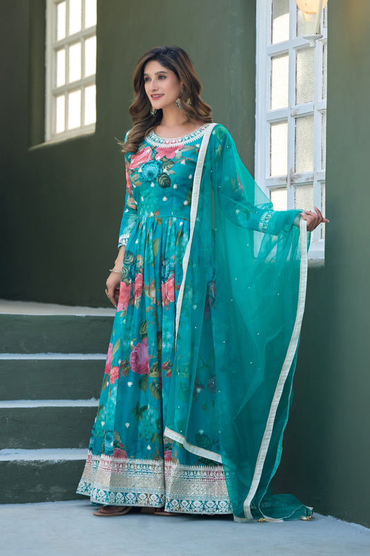 Blue Taby Silk Readymade Anarkali Suit with Embroidery Thread & Sequence Work