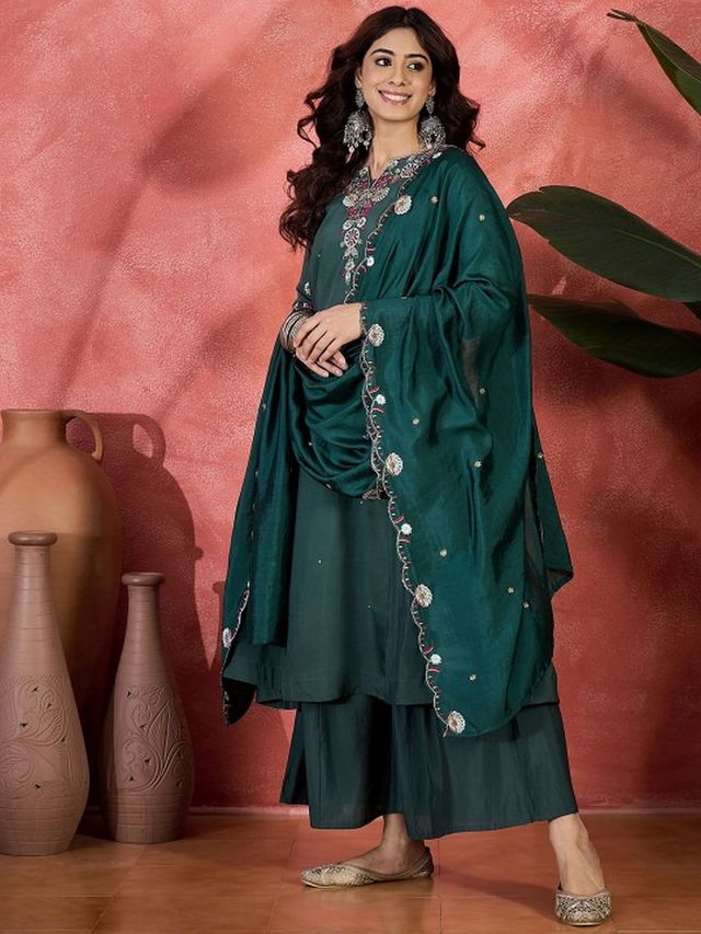 Green Color Chanderi Silk Fabric Beautiful Graceful Readymade Palazzo Dress