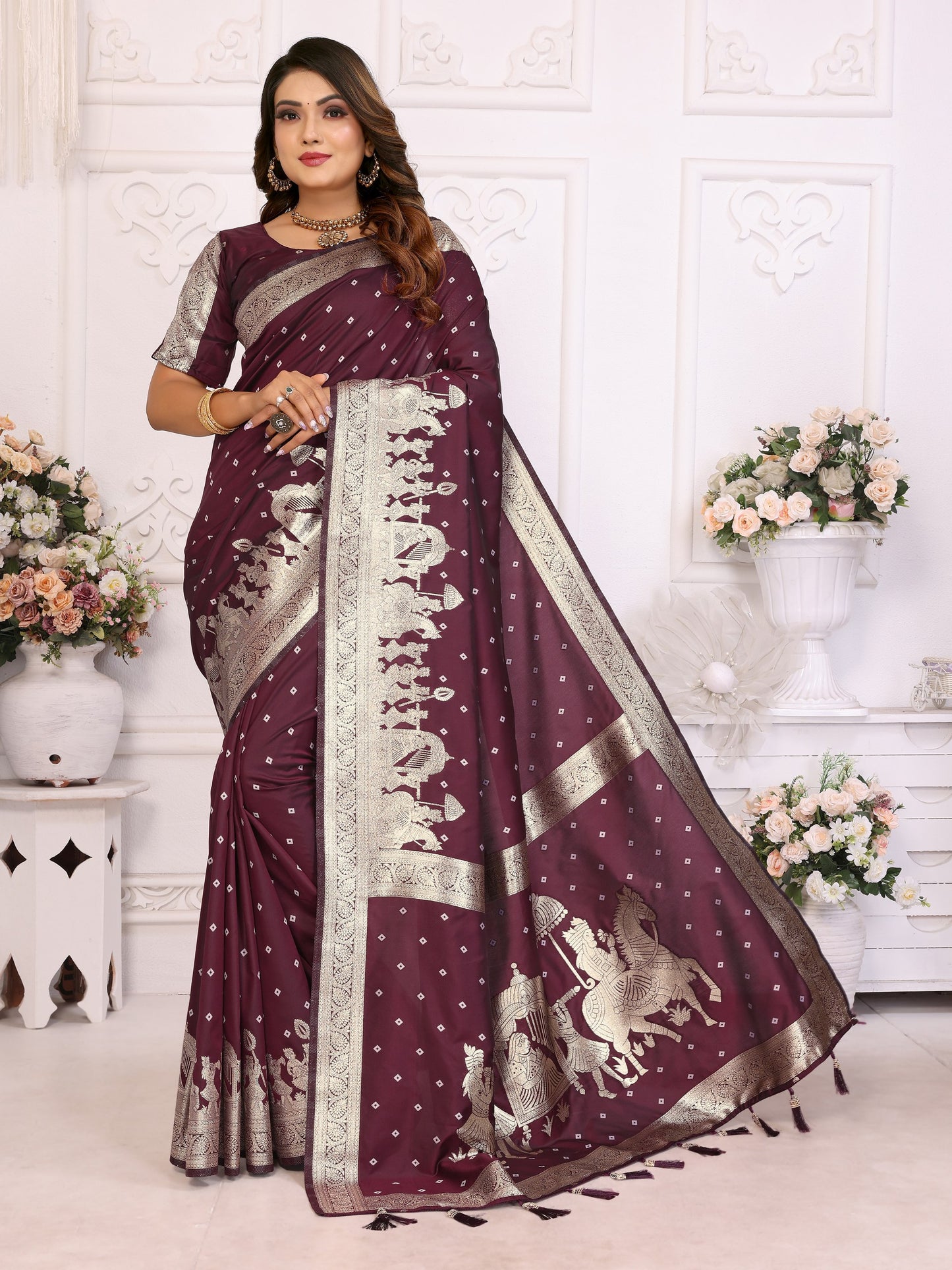 Dark Brown kochi Silk With Bandhej Weaving Saree With Blouse