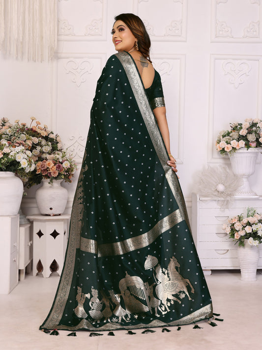 Dark Green kochi Silk With Bandhej Weaving Saree With Blouse