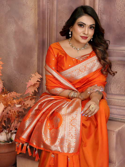 Dark Orange Banarasi Silk With Beautiful Gala Weaving Saree With Blouse