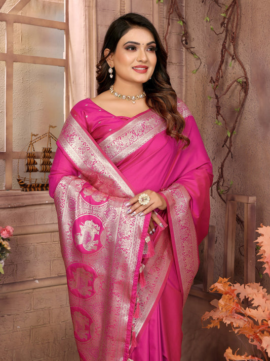 Dark Pink Banarasi Silk With Beautiful Gala Weaving Saree With Blouse