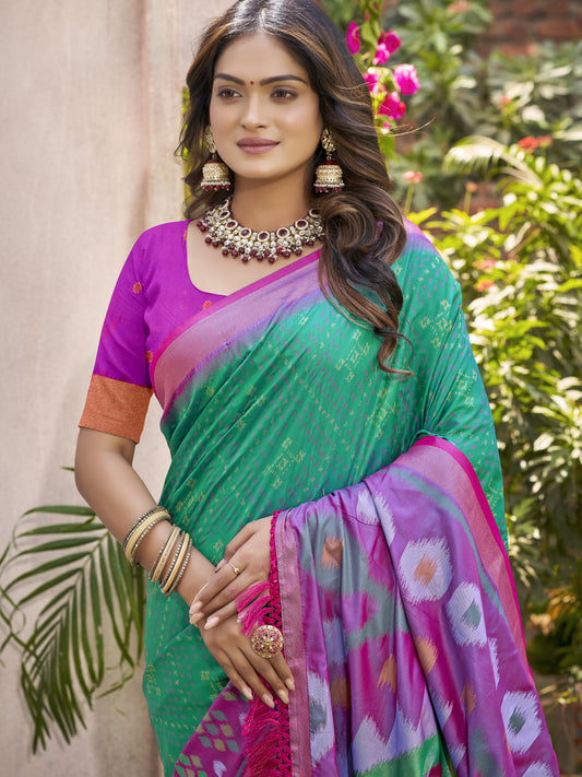 D Green Pochampalli Silk Saree with Floral Printed Work with Blouse
