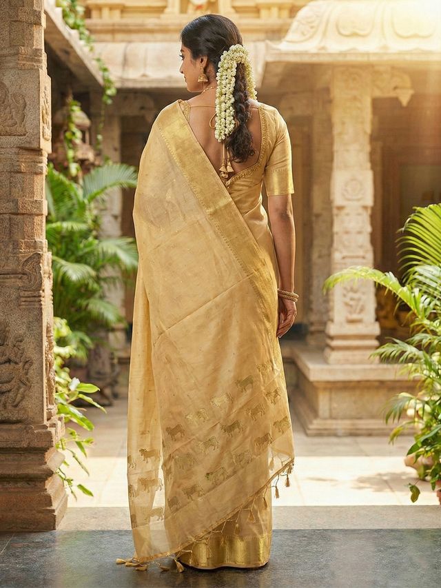 Beige Color Soft Silk Fabric Woven Designer Saree For Ethnic Looks