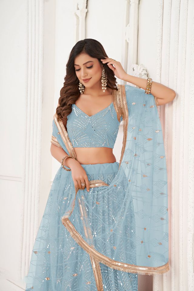 Sky Blue Color Butterfly Net Fabric Designer Sequins Embroidered Ceremonial Lehenga Choli