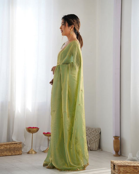 Green Color Beautiful Fancy Partywear Fendy Satin Saree