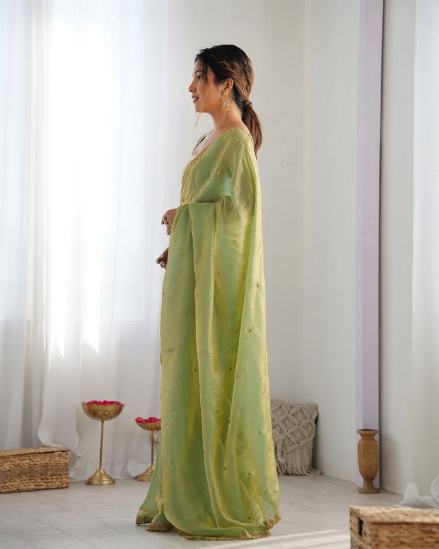 Green Color Beautiful Fancy Partywear Fendy Satin Saree