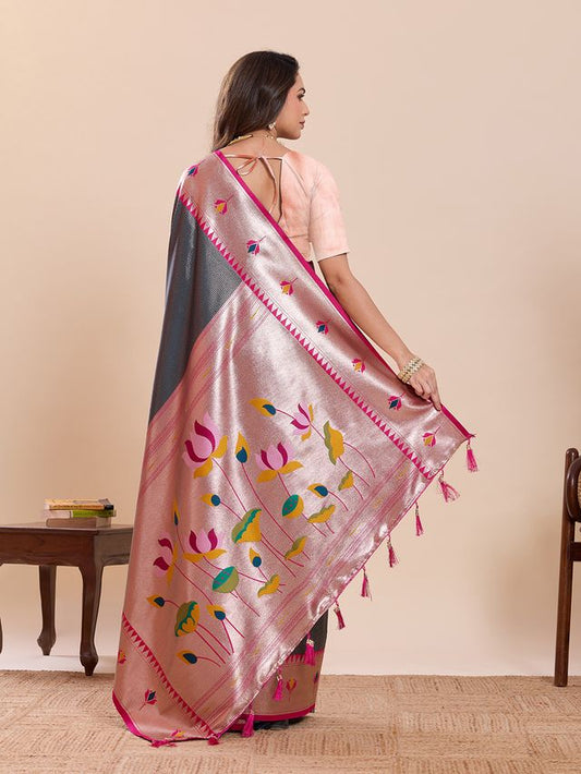 Grey Color Soft Silk Fabric Woven Jari Designer Partywear Saree