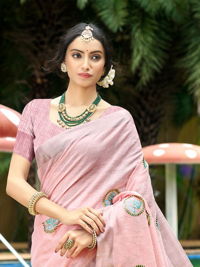 Light Pink Color Linen Fabric Woven Designer Saree With Floral Embroidered Work