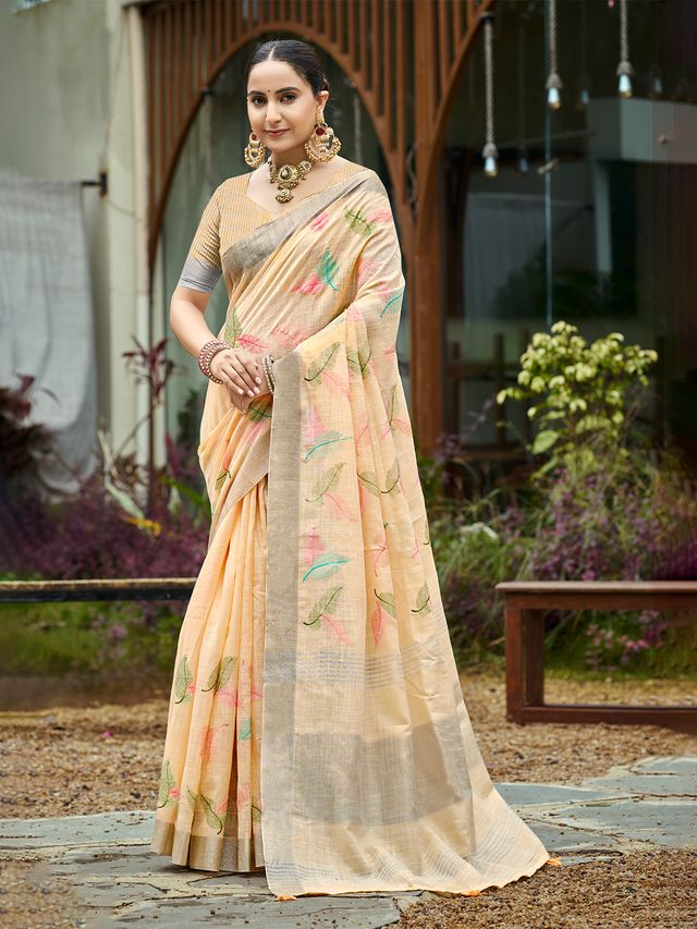 Orange Color Beautiful Rich Looks Designer Linen Fabric Ceremonial Saree