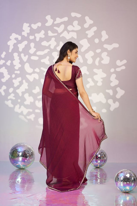 Wine Color Ethnic Embroidered Moss Chiffon Fabric Girlie Partywear Saree