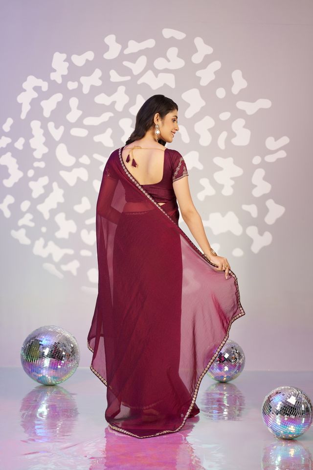 Wine Color Ethnic Embroidered Moss Chiffon Fabric Girlie Partywear Saree