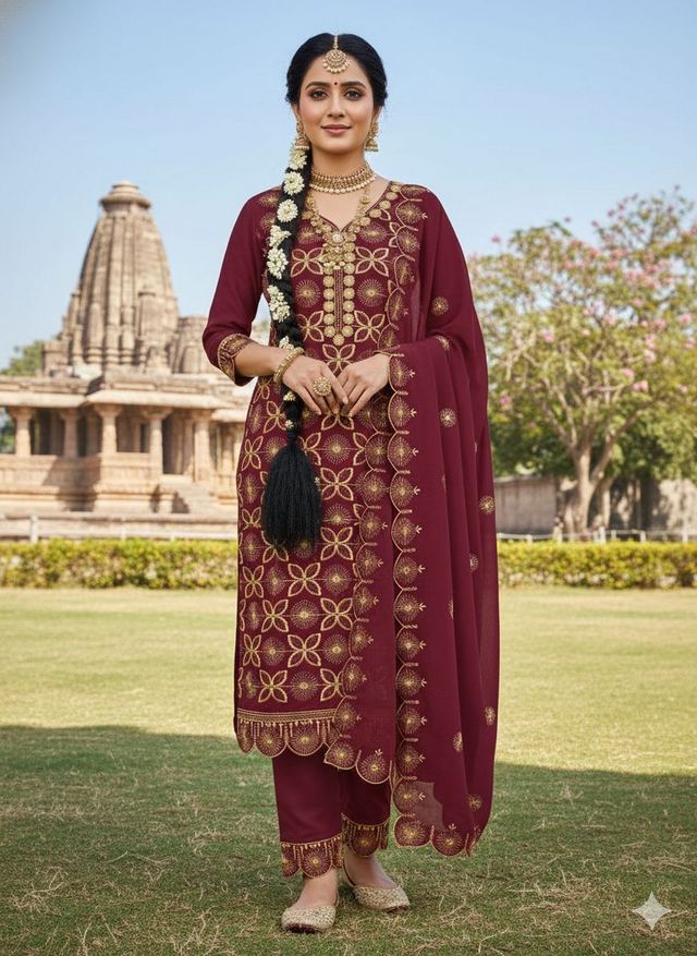 Maroon Color Georgette Fabric Beautiful Embroidered Salwar Kameez