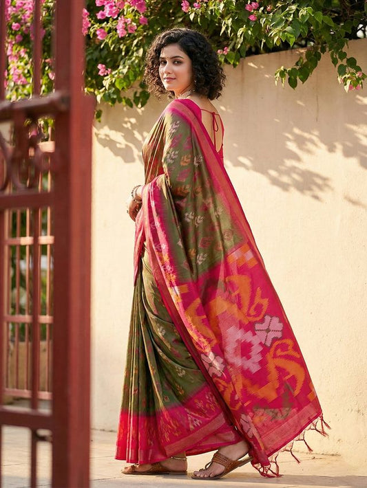 Olive Green Color Pochampalli Silk Saree With Graceful Woven Designer Looks