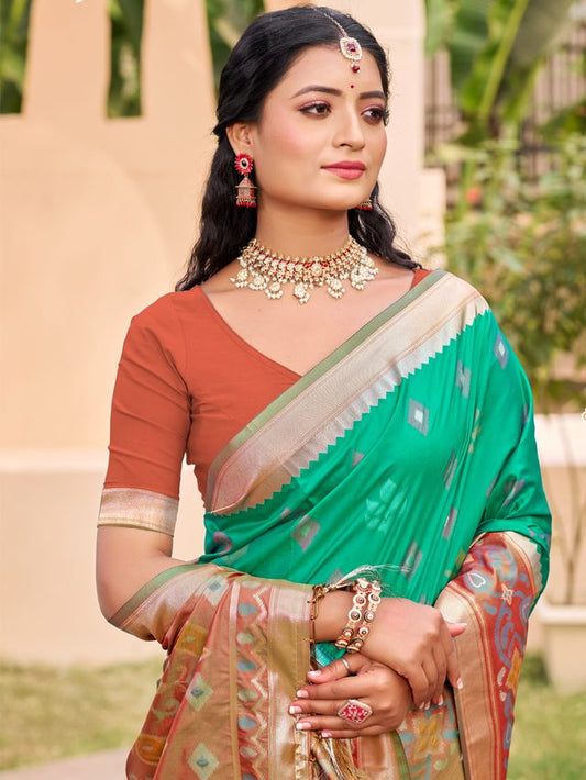 Rama Green Color Pochampalli Silk Fabric Ethnic Woven Designer Partywear Saree