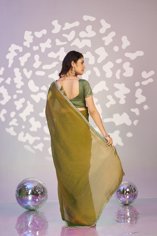 Green Color Ethnic Embroidered Moss Chiffon Fabric Girlie Partywear Saree