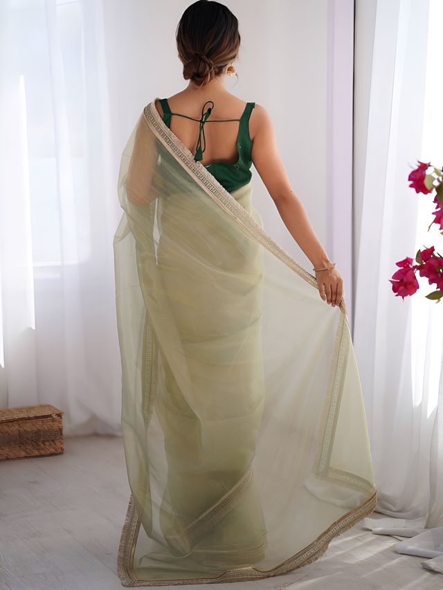 Pista Color Stylish Gold Net Fabric Graceful Girlie Saree