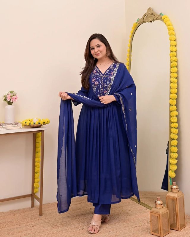 BlueColor Chanderi Silk Fabric Designer Embroiderd Stitched Suit